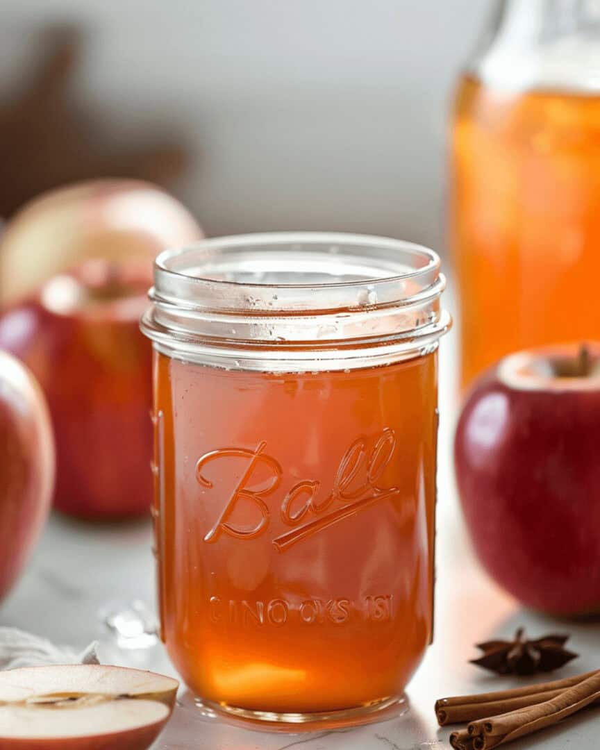 A glass jar filled with apple pie moonshine, surrounded by fresh apples and spices, sits on a countertop.