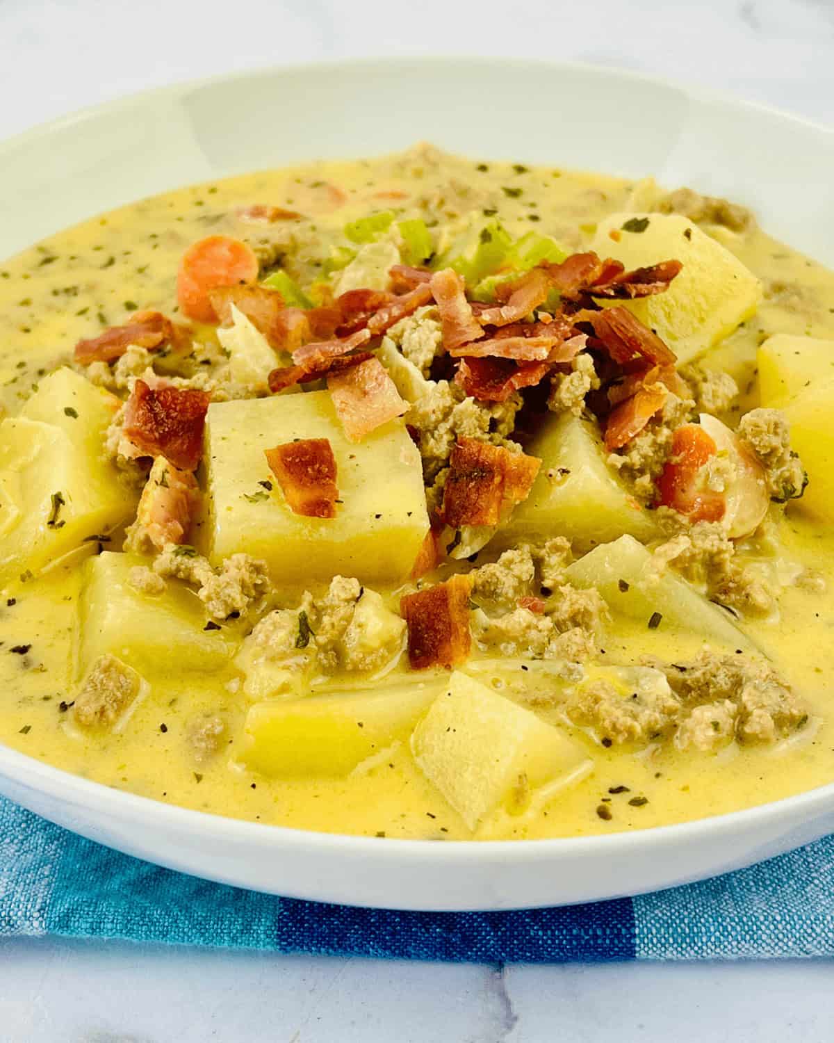 A bowl of bacon cheeseburger soup.