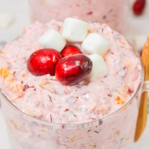 A glass filled with a pink creamy Cranberry Fluff salad mixture, topped with three cranberries and three mini marshmallows—an irresistible holiday dessert.