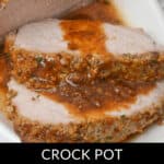 Slices of crock pot pork tenderloin covered in a parmesan sauce are served on a white plate.