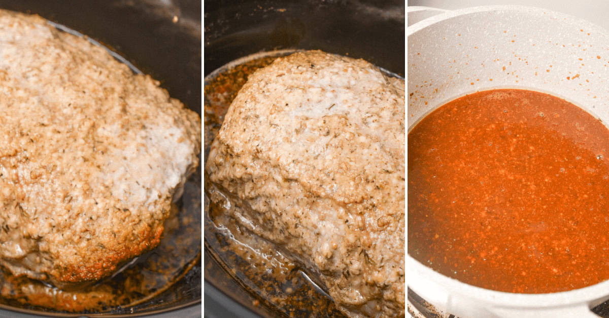 Three-panel image: Left and center showcase a seasoned roast in a black pan; right reveals a crock pot brimming with rich red sauce enveloping tender pork tenderloin.