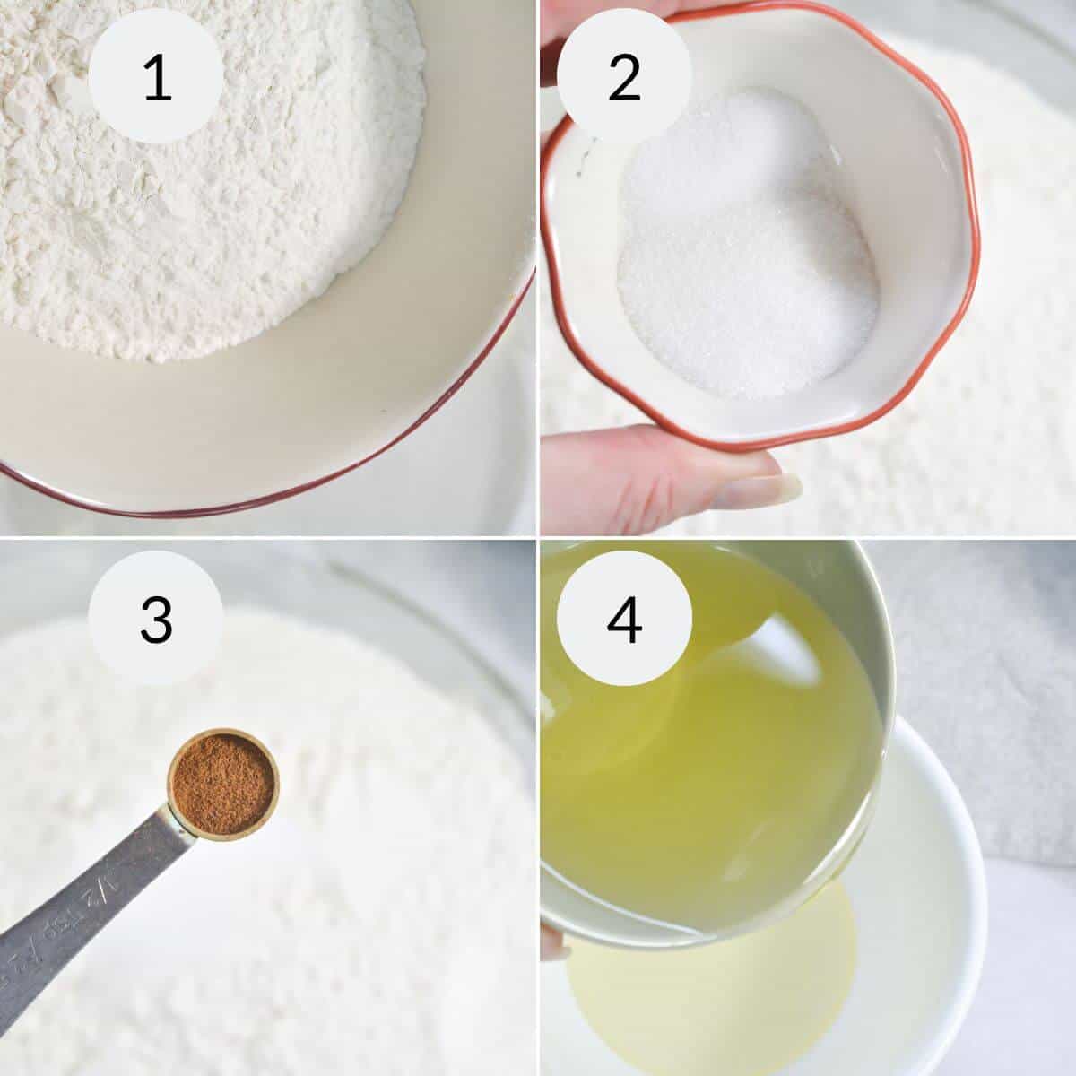 A four-step collage for Easy Apple Pie shows 1. Flour in a bowl, 2. Sugar in a small cup, 3. Cinnamon on a teaspoon, and 4. Oil being poured into a bowl.