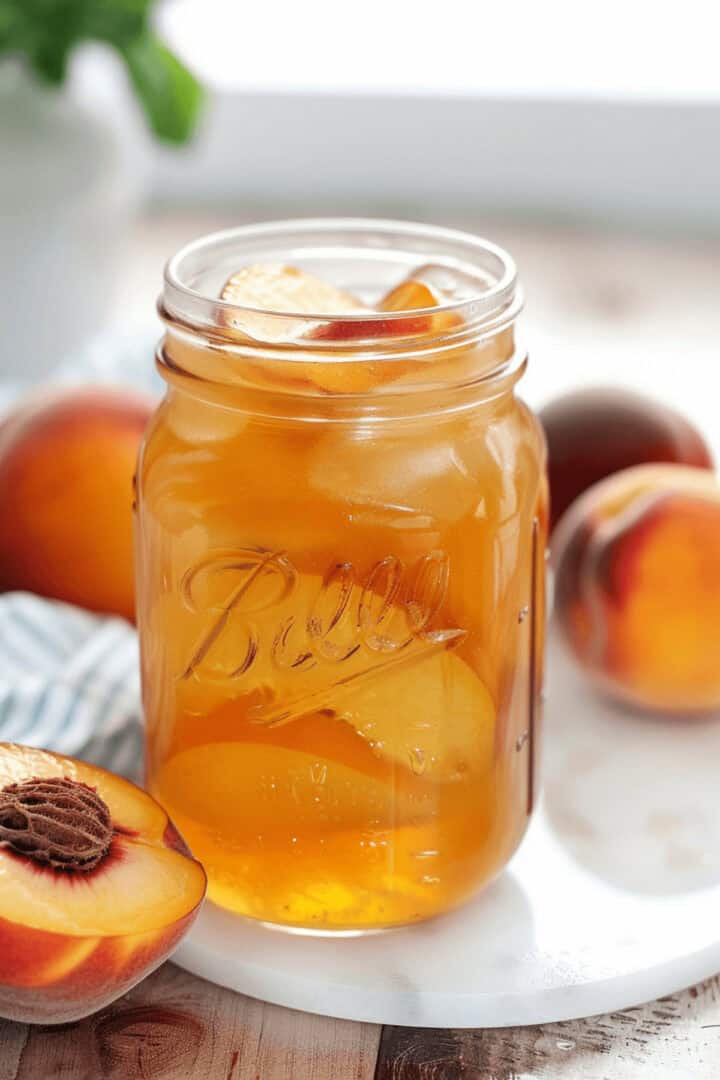 A mason jar of peach moonshine.
