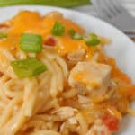 A plate of cheesy rotel chicken spaghetti garnished with chopped green onions.
