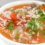 Unstuffed Pepper Soup with meat, rice, and vegetables.